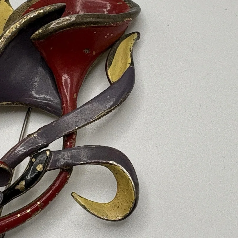 Vintage Pot Metal Brooch Flowers Calla Lily Hand Painted Red Purple Yellow